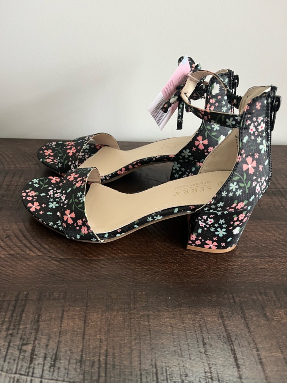 SERRA Black Floral Ankle-Strap Block Heels with Pink and Mint Flowers